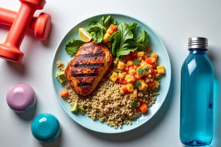 Plato saludable con proteínas, carbohidratos y vegetales junto a pesas y una botella de agua.