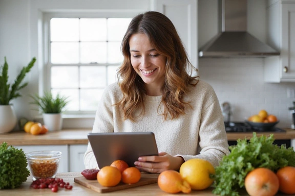 Mujer sonriendo mientras revisa un plan de alimentación y una lista de compras en una tablet, con alimentos saludables alrededor.