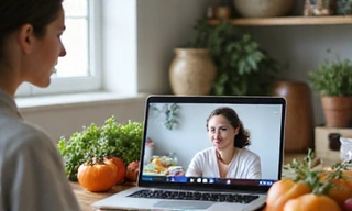 Mujer en videollamada con un nutricionista, representando una consulta online.